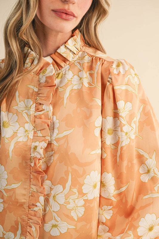 Floral Print Ruffled Button-Down Satin Top