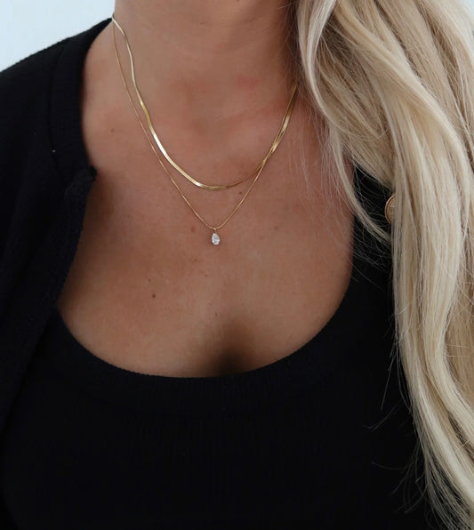 Layered Herringbone & Crystal Drop Necklace