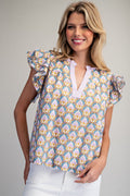 Printed Flutter Sleeve Split Neck Top