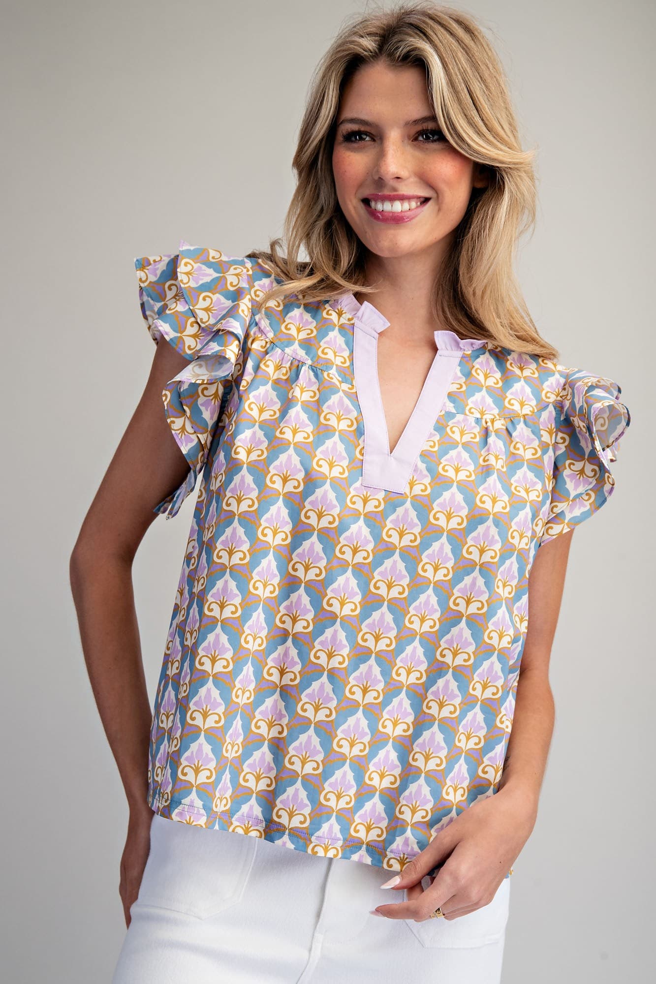 Printed Flutter Sleeve Split Neck Top