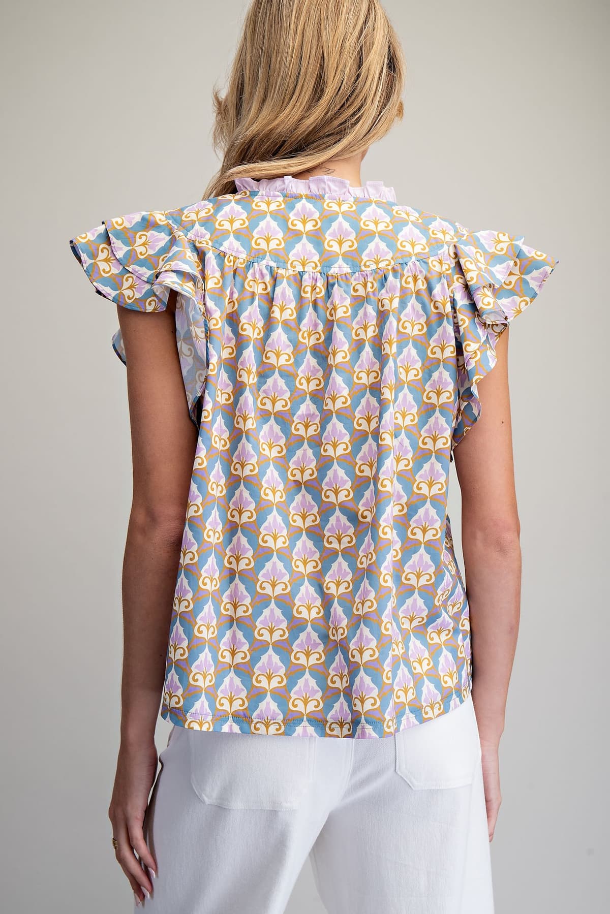 Printed Flutter Sleeve Split Neck Top