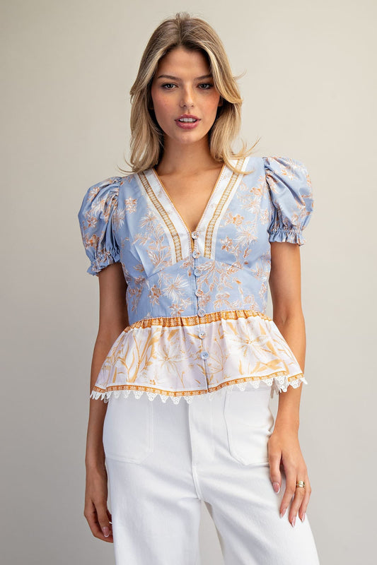 Floral Puff Sleeve Peplum Button Down Blouse