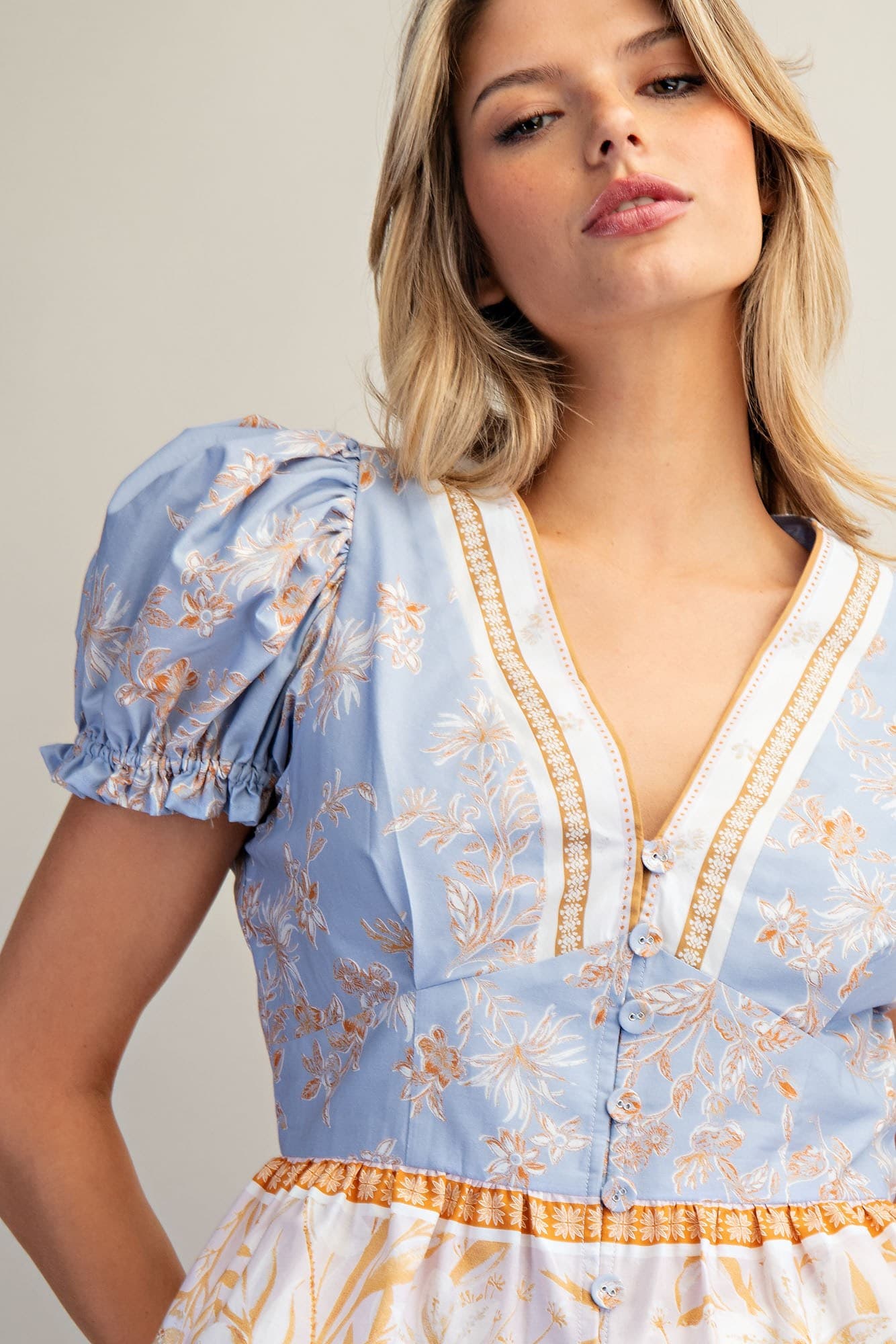 Floral Puff Sleeve Peplum Button Down Blouse