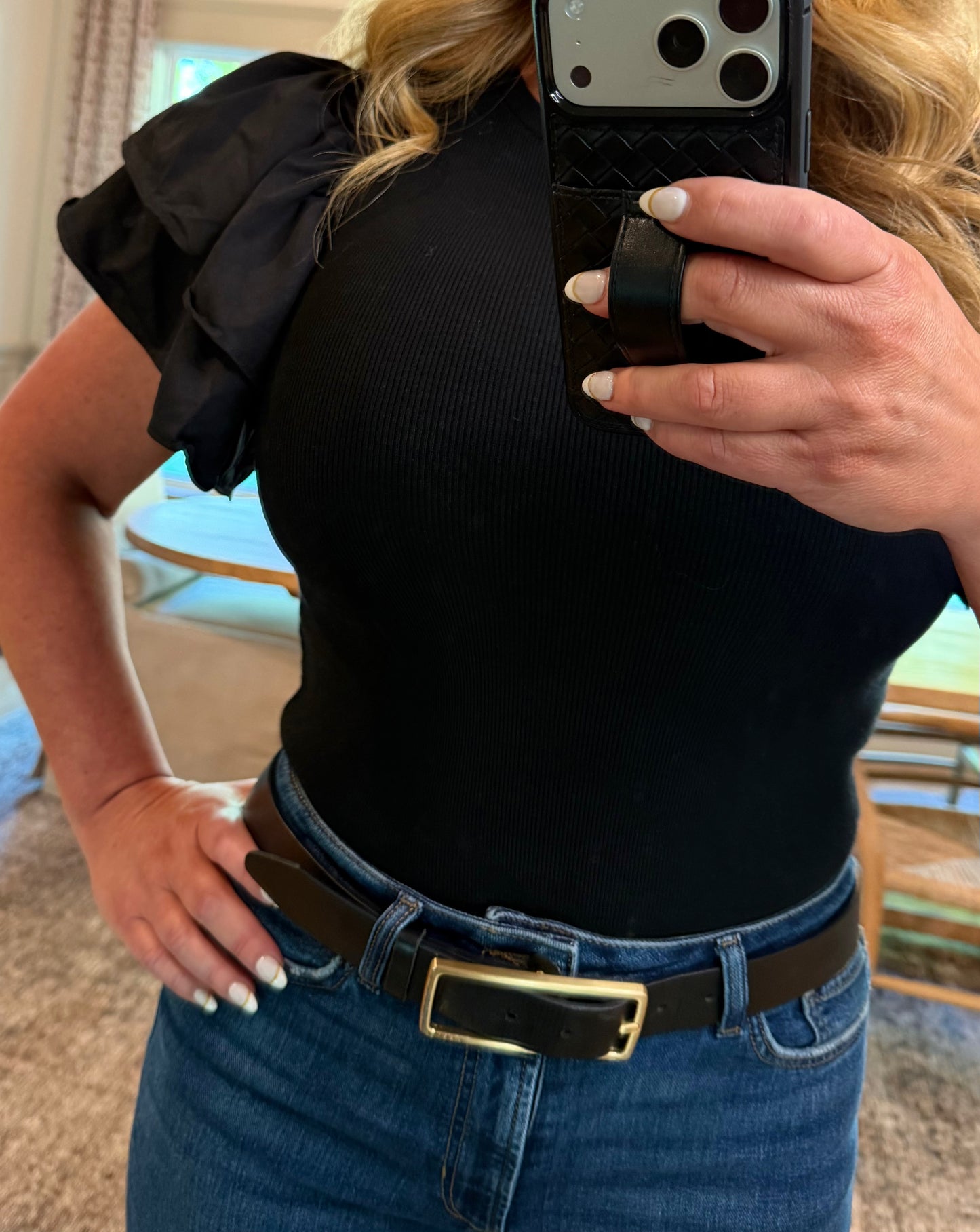 Black Ruffle Sleeve Ribbed Bodysuit