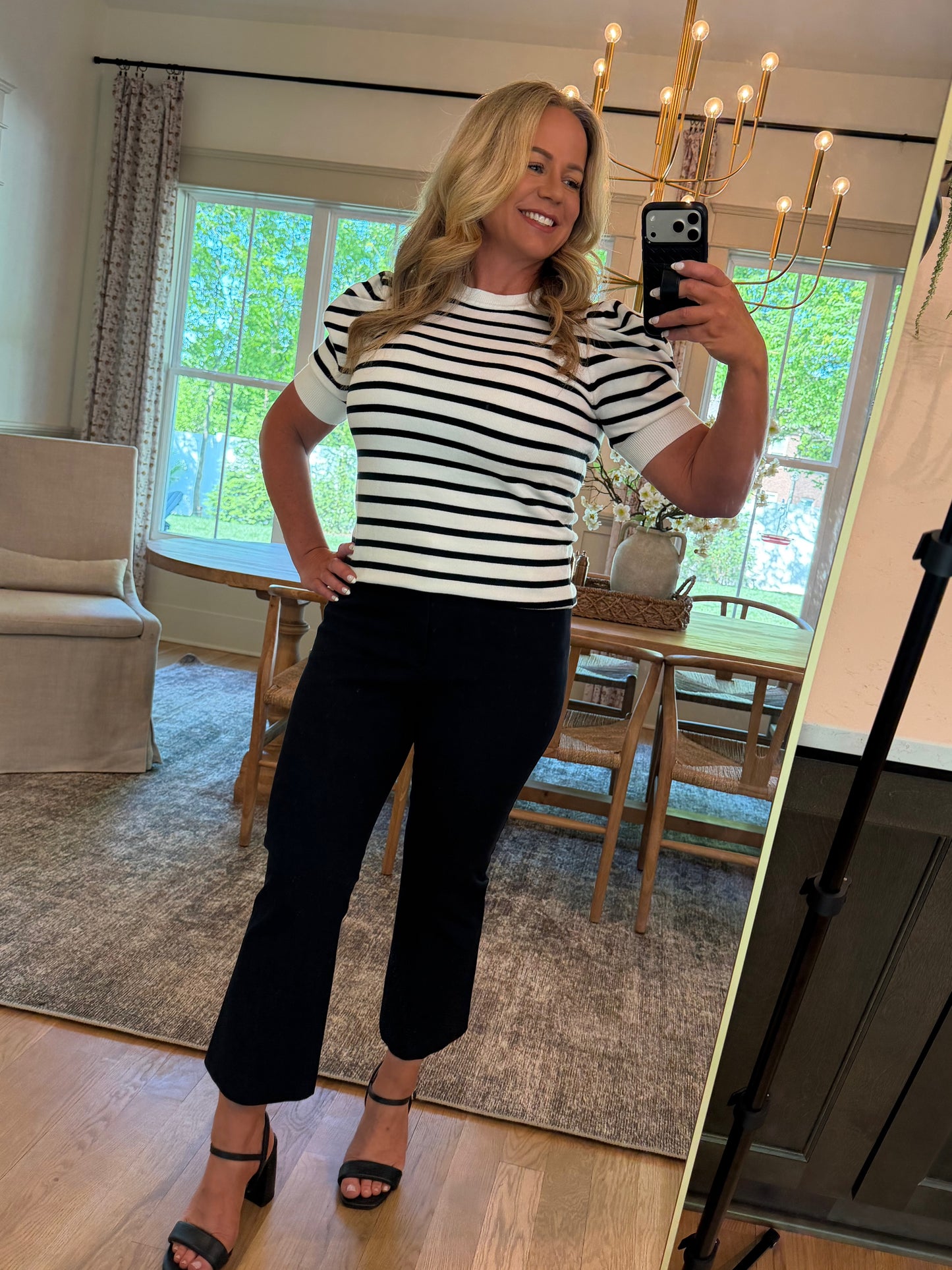 Black & White Stripe Puff Sleeve Knit Sweater Top