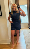 Ruffle Sleeve Top & Shirred Shorts Two-Piece Set | Navy