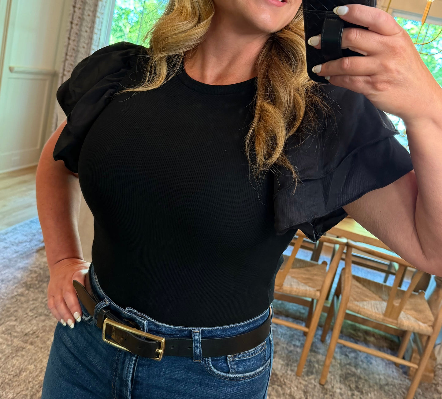 Black Ruffle Sleeve Ribbed Bodysuit