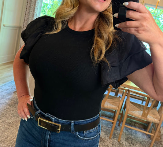 Black Ruffle Sleeve Ribbed Bodysuit