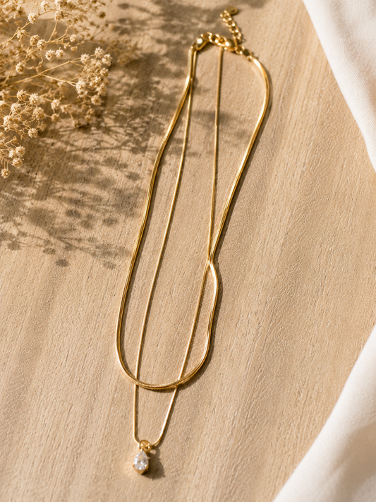Layered Herringbone & Crystal Drop Necklace