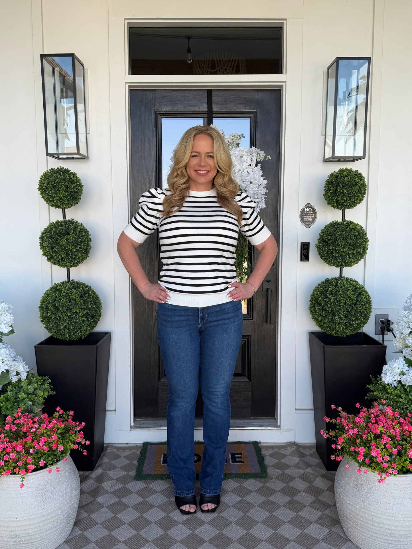 Black & White Stripe Puff Sleeve Knit Sweater Top