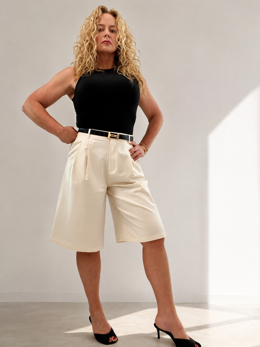 Sable Pleated Suiting Wide Leg Bermuda Shorts | Cream