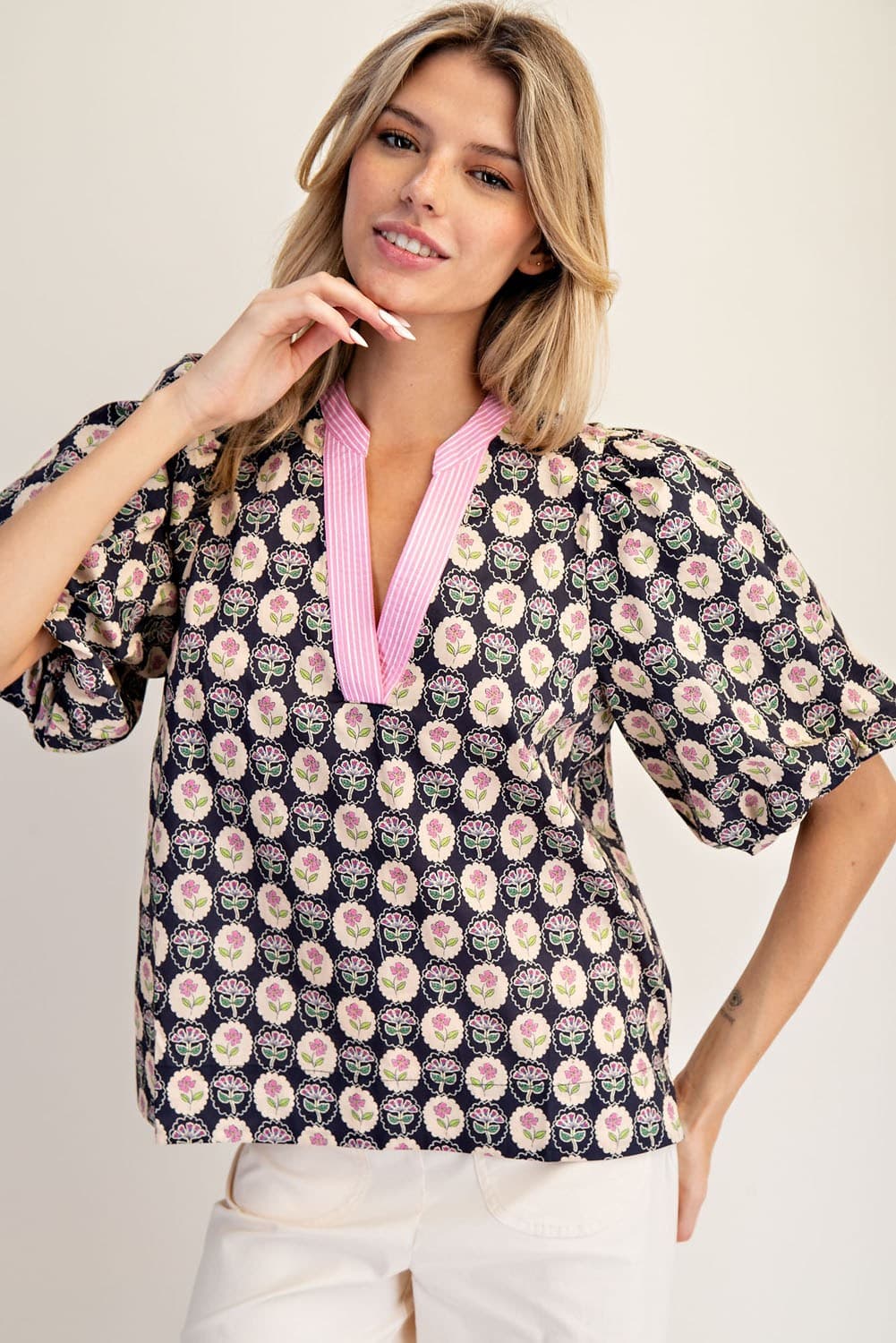 Navy Floral Medallion Puff Sleeve Top
