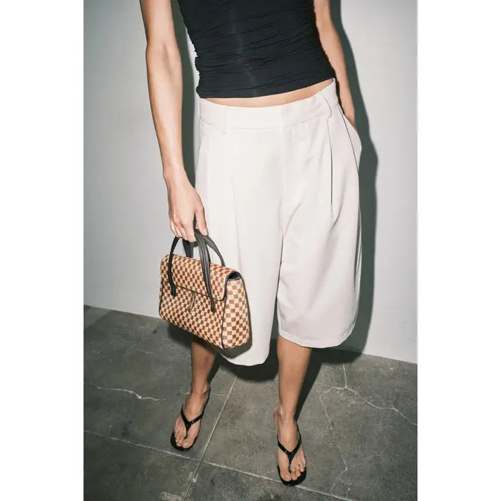 Sable Pleated Suiting Wide Leg Bermuda Shorts | Cream