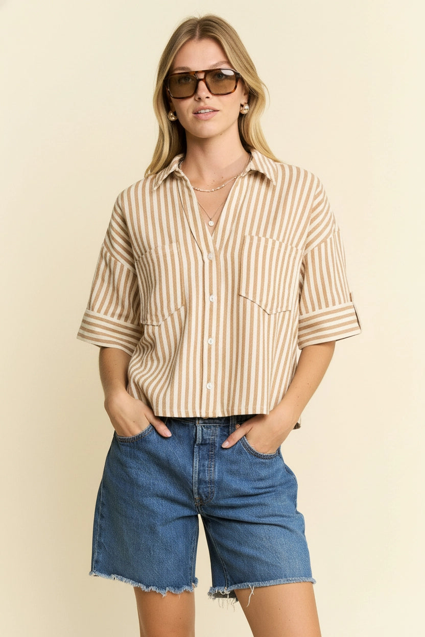 Curvy Latte Stripe Button-Down Cropped Shirt