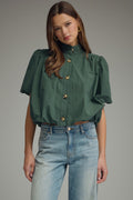 Hunter Green Cotton Puff Sleeve Bubble Hem Top