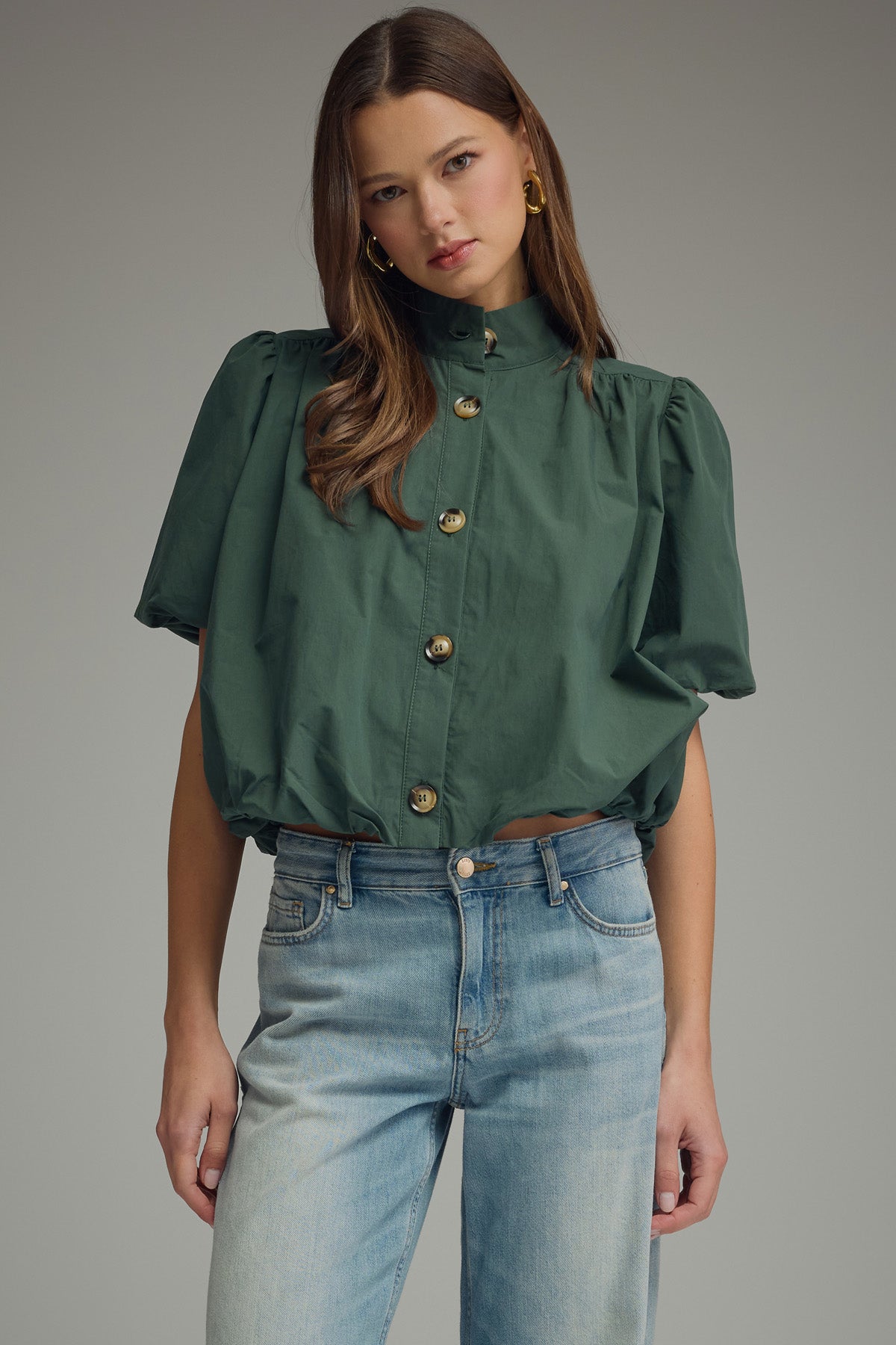 Hunter Green Cotton Puff Sleeve Bubble Hem Top