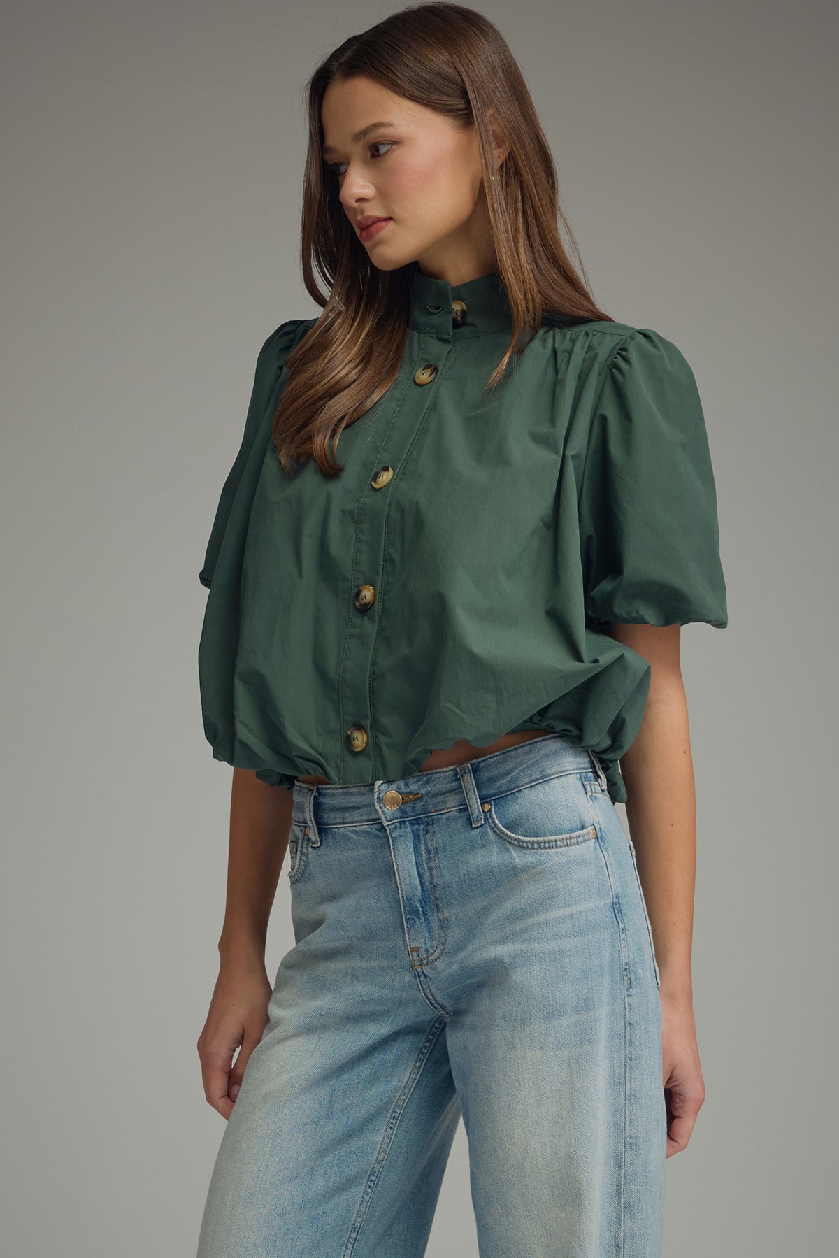 Hunter Green Cotton Puff Sleeve Bubble Hem Top