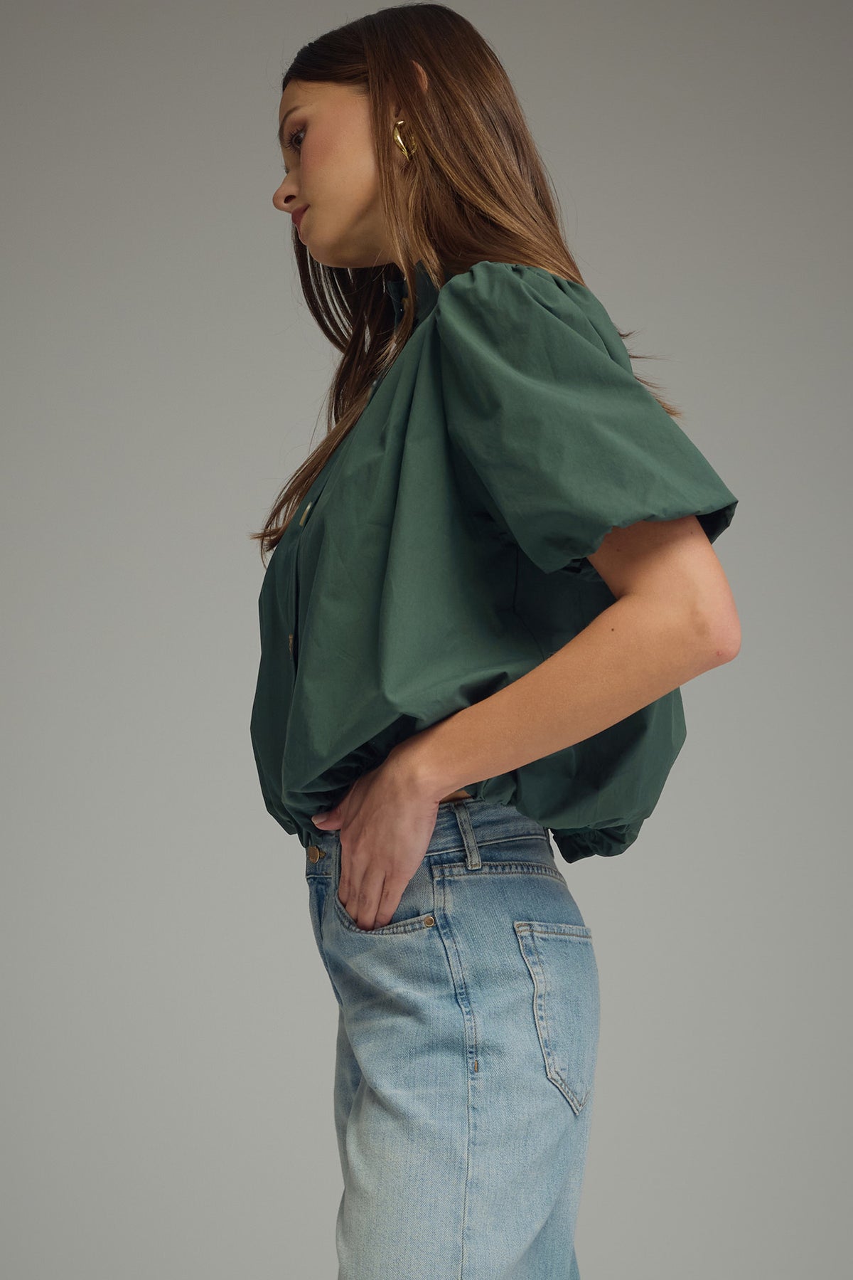 Hunter Green Cotton Puff Sleeve Bubble Hem Top