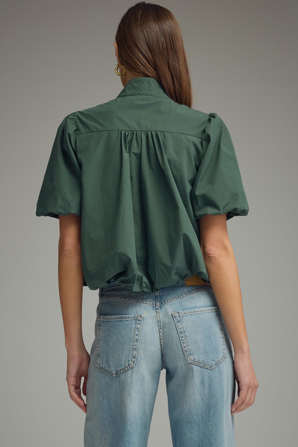 Hunter Green Cotton Puff Sleeve Bubble Hem Top