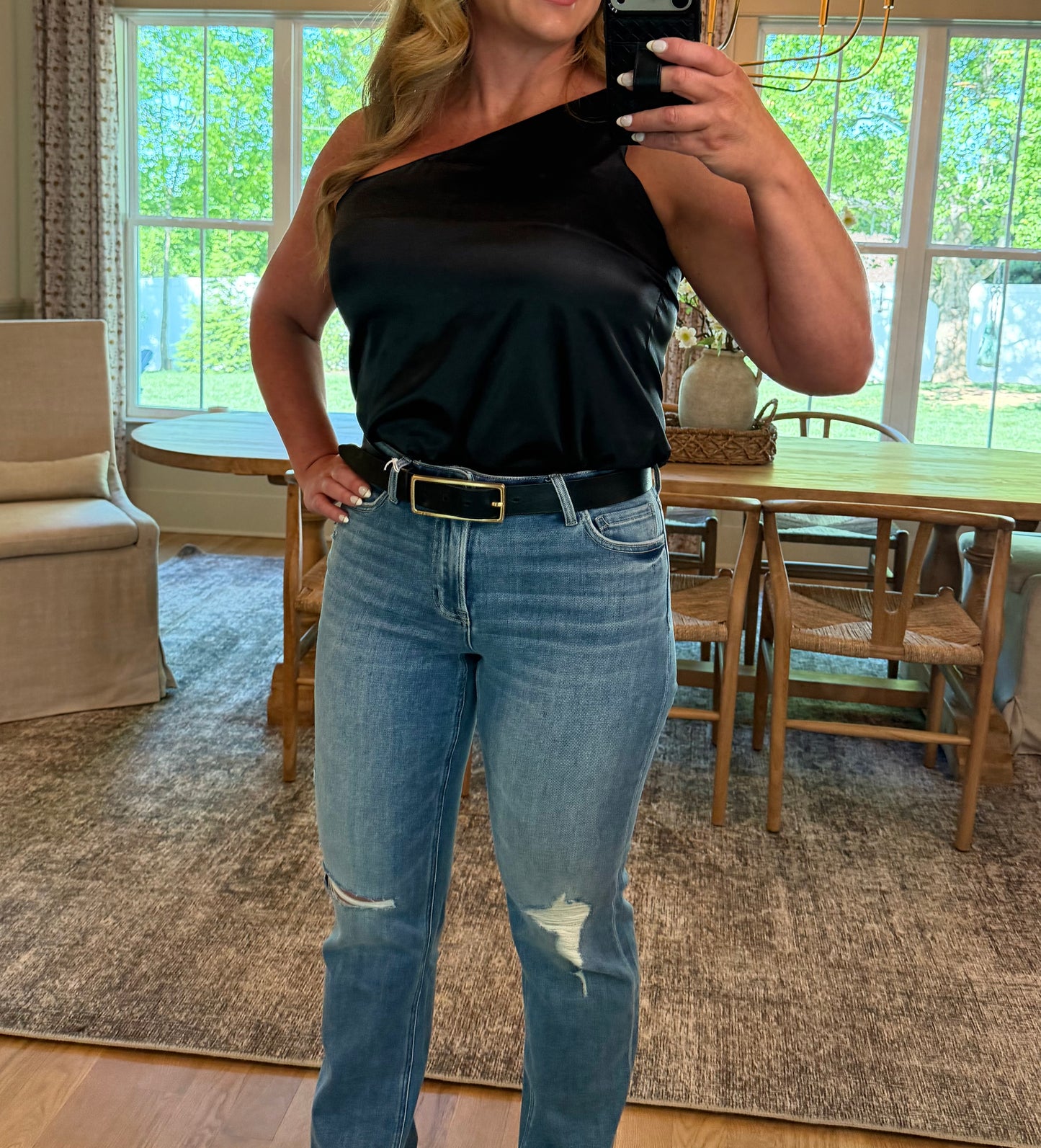 Black Satin One-Shoulder Tank Top