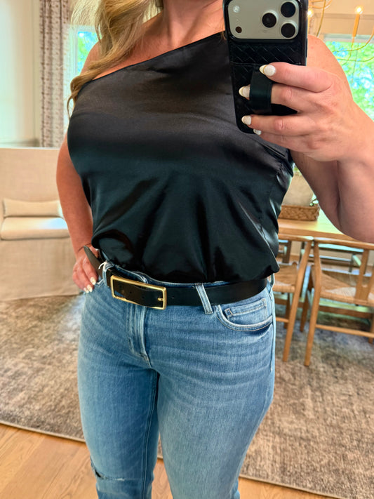Black Satin One-Shoulder Tank Top