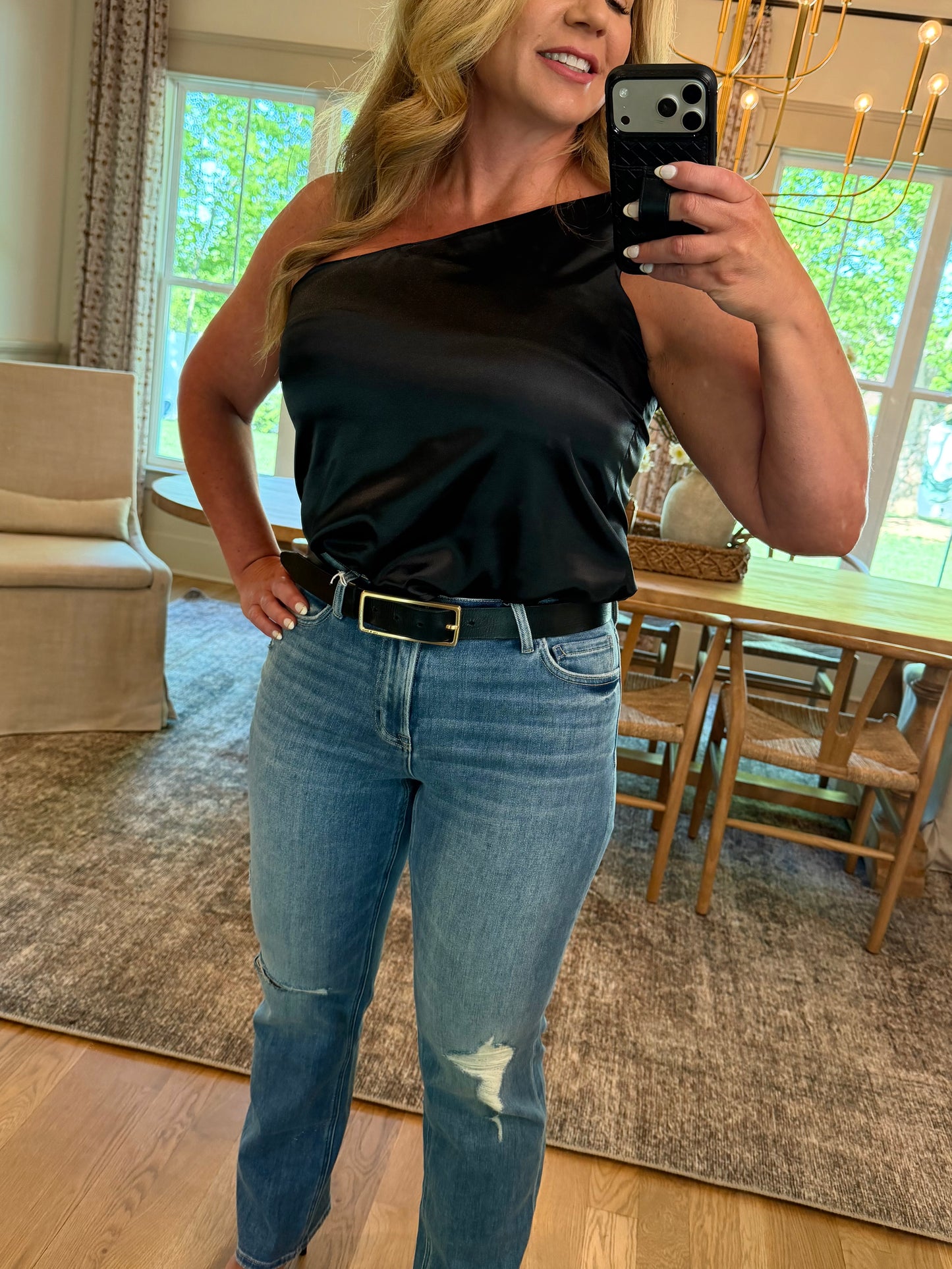 Black Satin One-Shoulder Tank Top