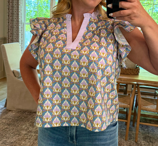 Printed Flutter Sleeve Split Neck Top