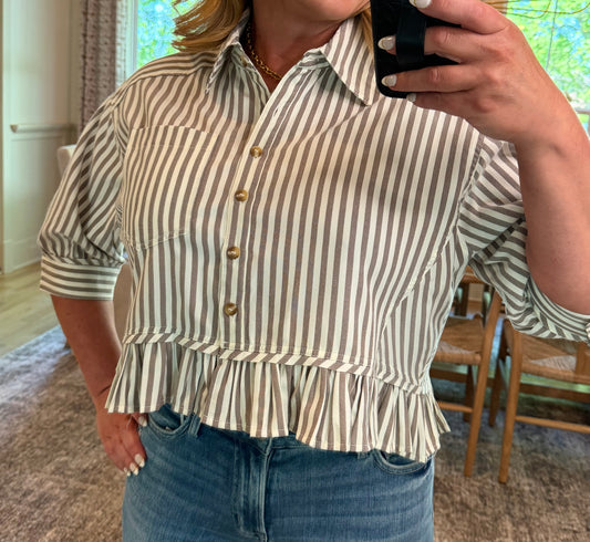 Striped Ruffle Hem Button Up Blouse