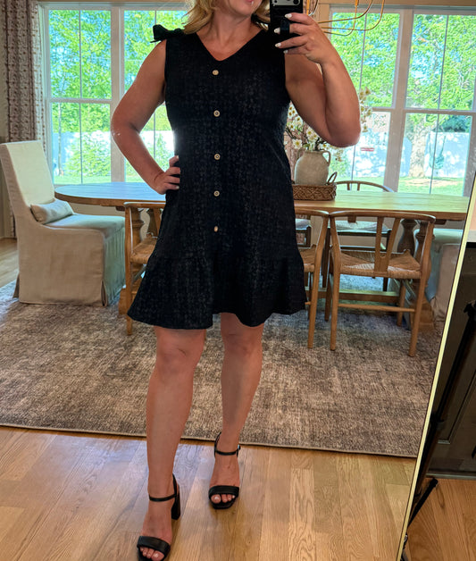 Black Collared V-Neck Button-Front Ruffle Hem Mini Dress