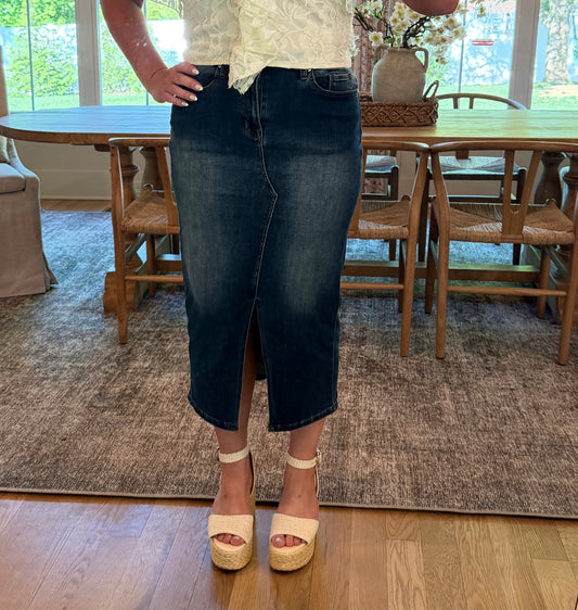 Dark Wash Denim Midi Skirt with Front Slit