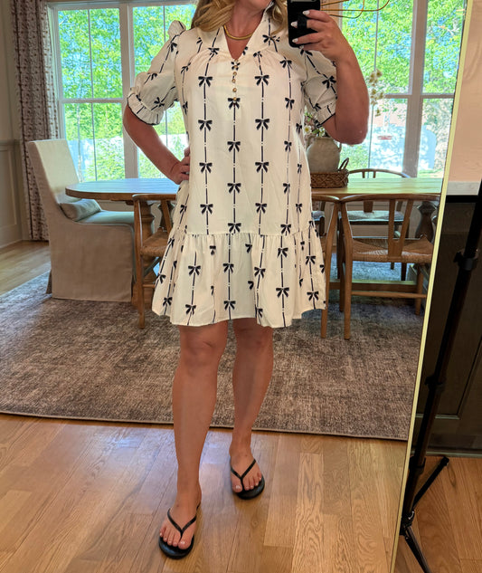 Bow Print Bubble Sleeve Mini Dress