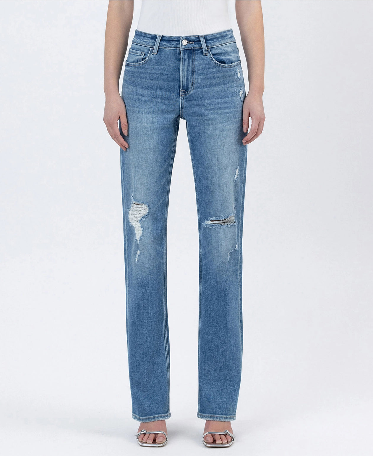 High Rise Distressed Straight Leg Jeans