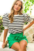 Black & White Stripe Puff Sleeve Knit Sweater Top