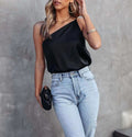 Black Satin One-Shoulder Tank Top