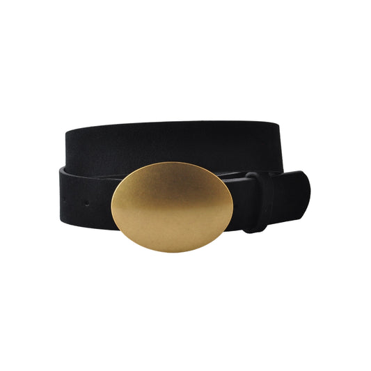 Black Suede Belt with Satin Gold Oval Buckle