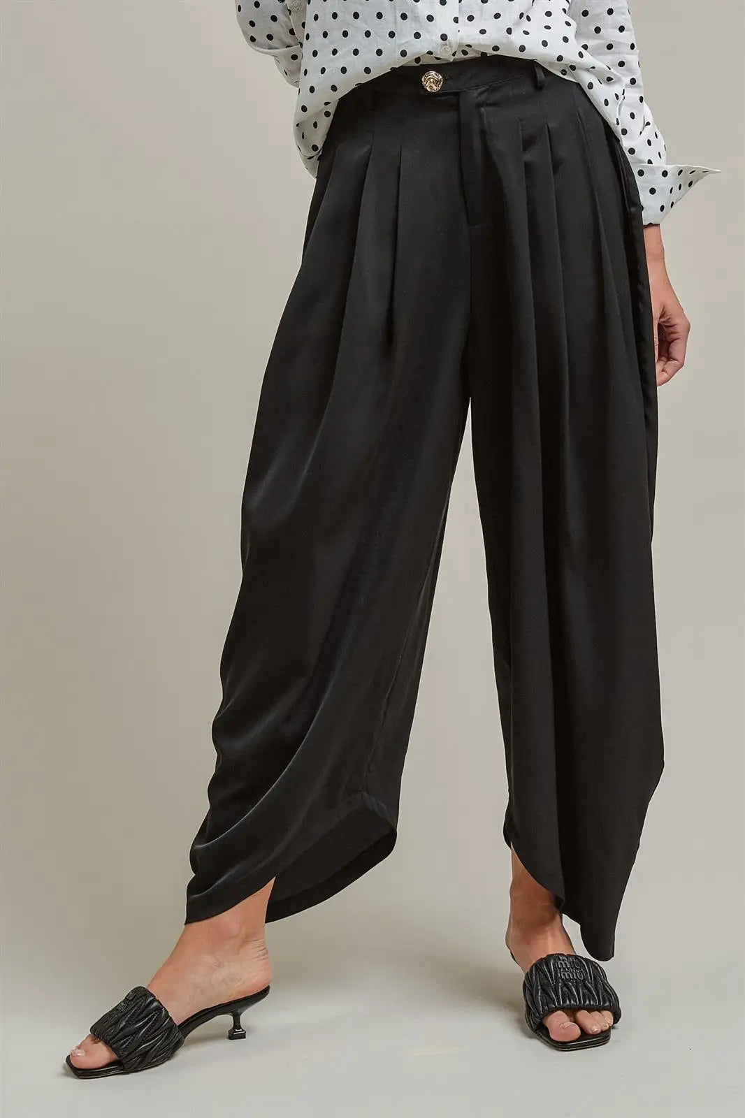 High Waist Pleated Drape Wide Leg Trousers | Black