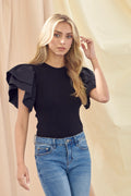 Black Ruffle Sleeve Ribbed Bodysuit