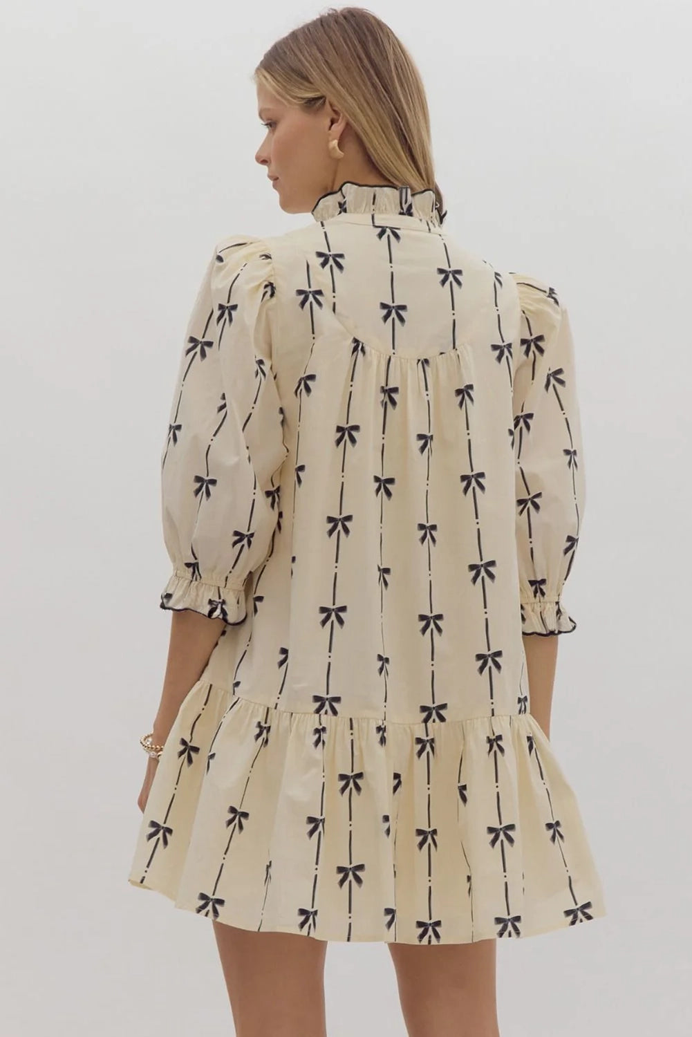 Bow Print Bubble Sleeve Mini Dress