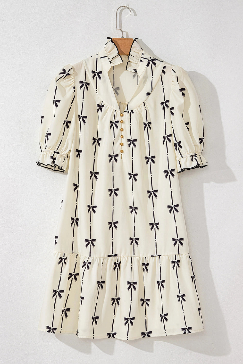 Bow Print Bubble Sleeve Mini Dress