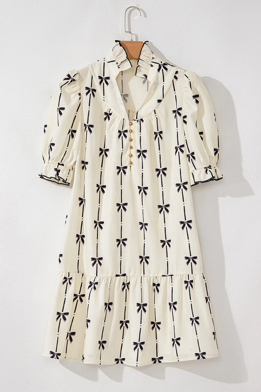 Bow Print Bubble Sleeve Mini Dress