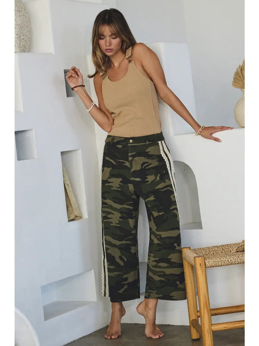 Camo Lace Trim Cropped Wide Leg Pants