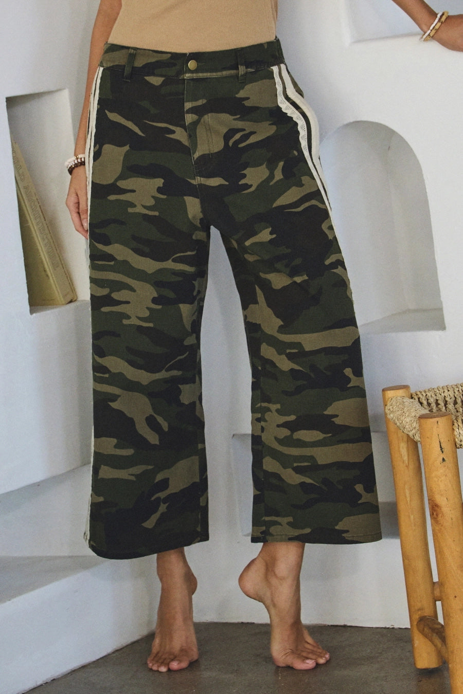 Camo Lace Trim Cropped Wide Leg Pants