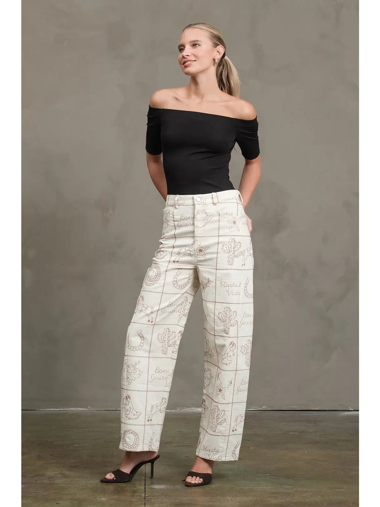 Western Icon Embroidered Wide Leg Pants | Cream