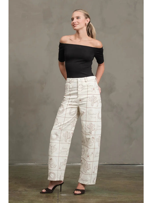 Western Icon Embroidered Wide Leg Pants | Cream