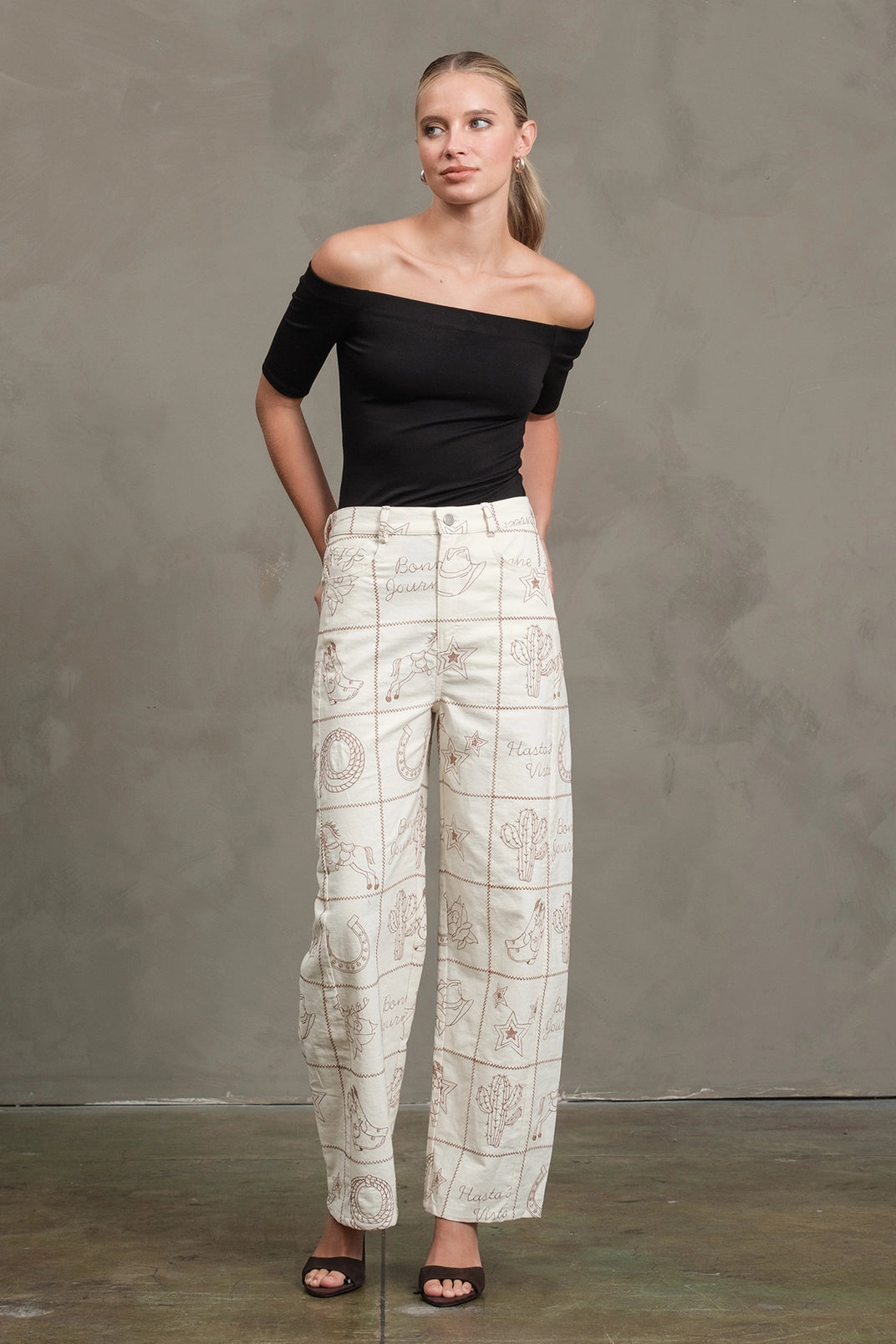 Western Icon Embroidered Wide Leg Pants | Cream