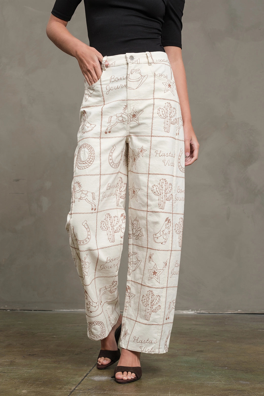 Western Icon Embroidered Wide Leg Pants | Cream