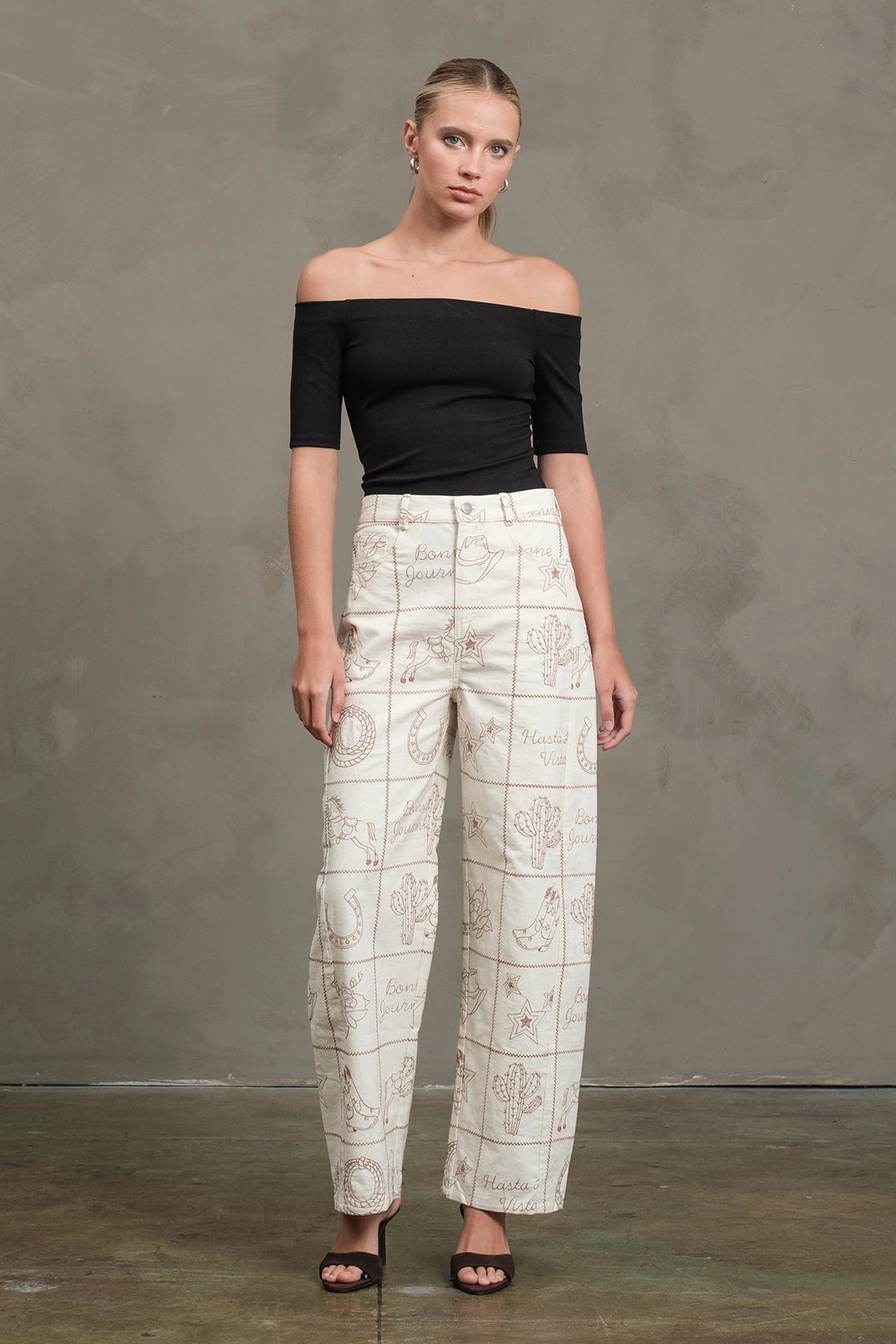 Western Icon Embroidered Wide Leg Pants | Cream