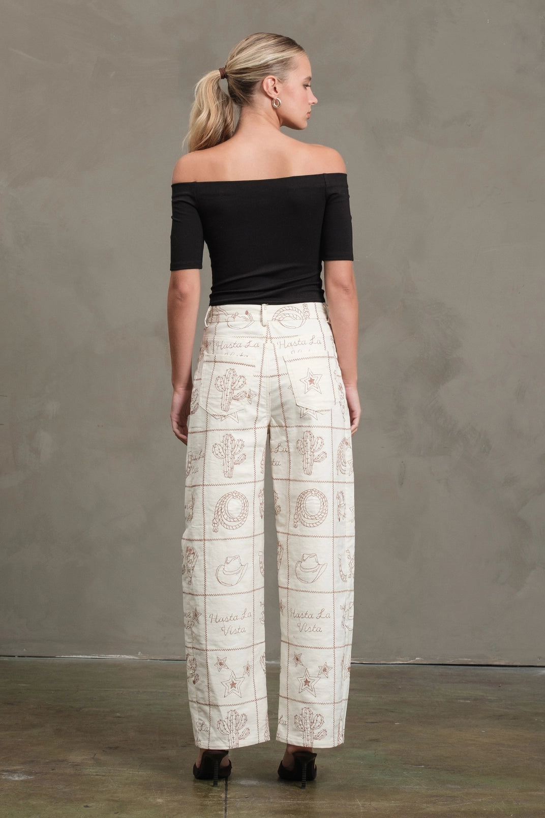 Western Icon Embroidered Wide Leg Pants | Cream