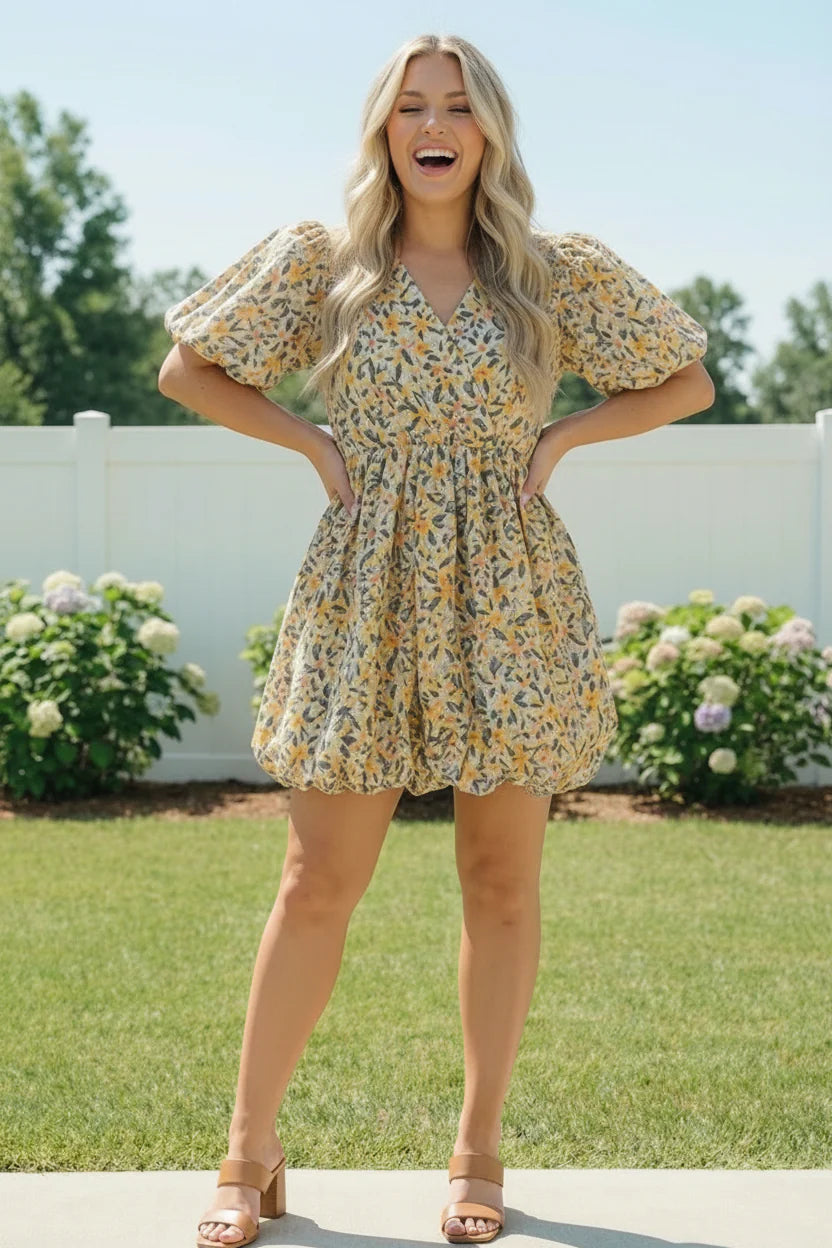 Floral Bubble Hem Puff Sleeve Dress - Curvy