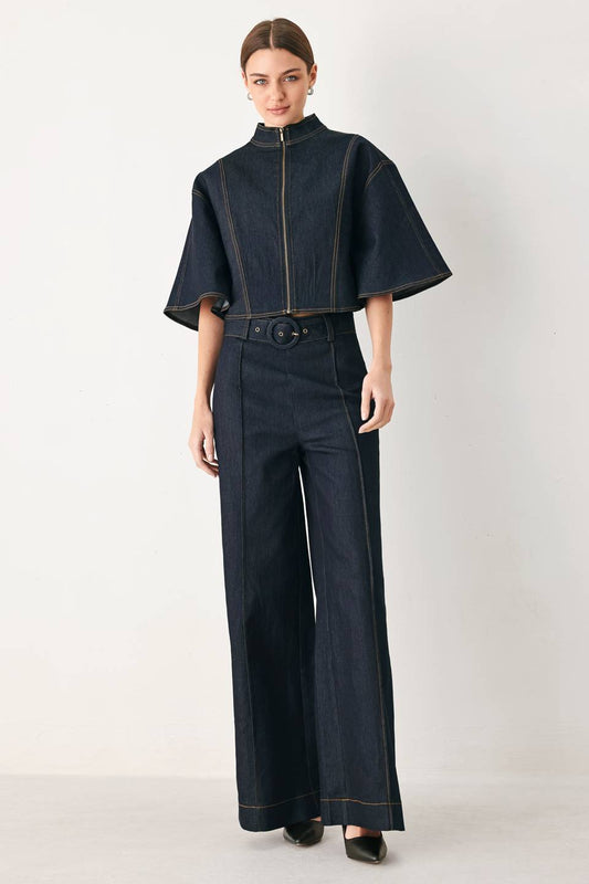Dark Denim Capelet Top & Wide-Leg Pant Set